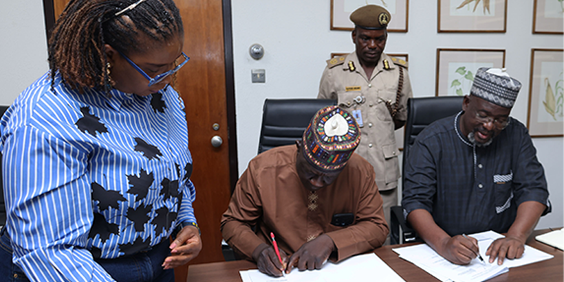 President of the Cooperative Investments and Credit Society, Oyo State Command, Segun Olatunbosun and Deputy Director General, Partnerships for Delivery, Tahirou Abdoulaye also signs MoU.