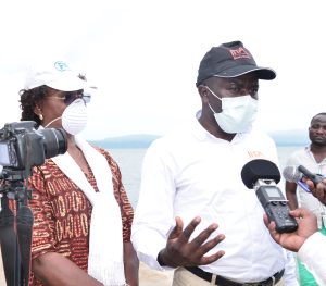 Dr Paul Dontsop Nguezet, the coordinator of the fish project, being interviewed by the press.