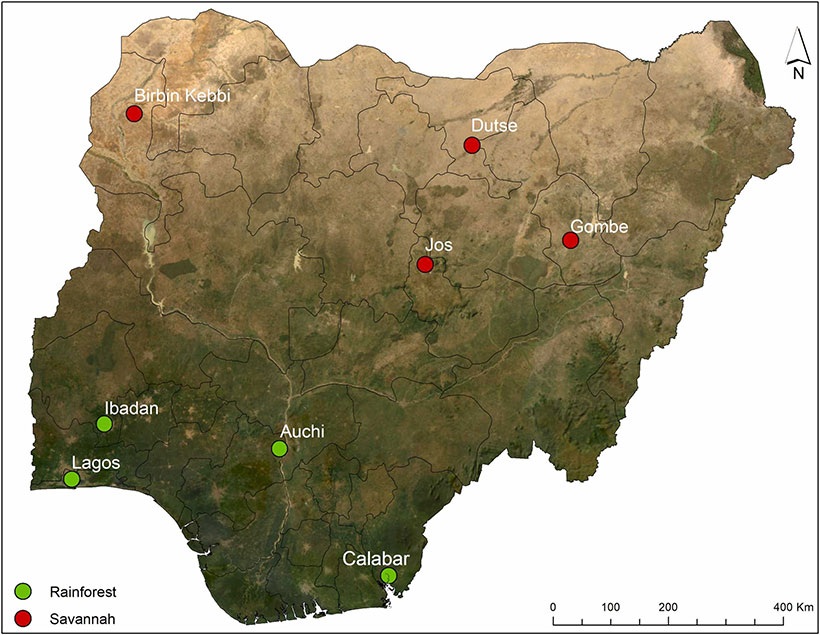 Distribution of study sites across the savannah and rainforest vegetation zones in Nigeria.