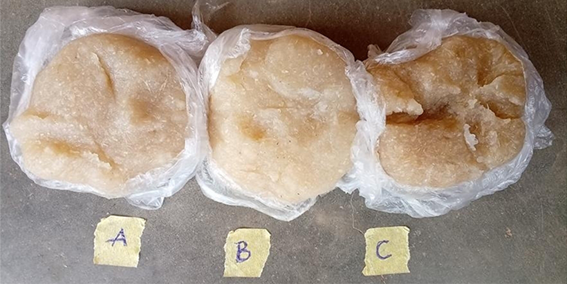 The different gari prepared by the processor into eba product samples.