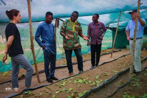 The station’s Farm Manager, Mr Francis Adunoye, taking the team on a tour of a yam research field on the campus.