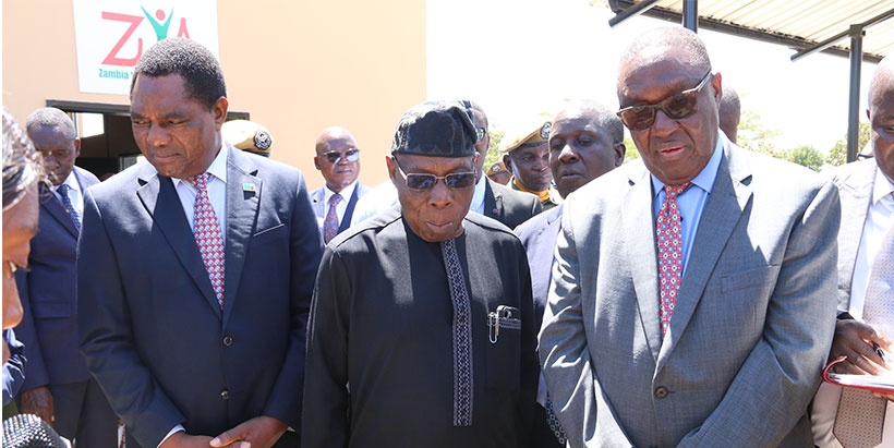 Zambia President Hakainde Hichilema, IITA Goodwill Ambassador and former President of Nigeria Chief Olusegun Obasanjo and IITA Director General and CGIAR Regional Director for Continental Africa, Dr Simeon Ehui during the launch of IITA-SARAH.