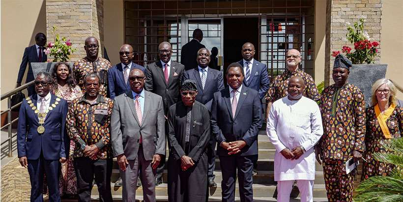 Zambia President Hakainde Hichilema, IITA Goodwill Ambassador and former President of Nigeria Chief Olusegun Obasanjo and IITA Director General and CGIAR Regional Director for Continental Africa, Dr Simeon Ehui with some of Zambia's government officials and IITA Management team during the launch of IITA-SARAH.