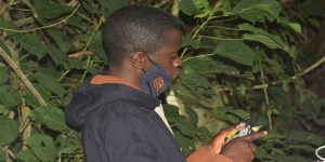 Project Manager Adewale Awoyemi studying a bird in the IITA Forest Center.