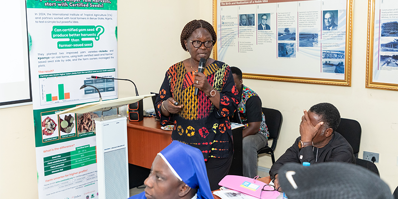 Dr Beatrice Aighewi facilitating a session on quality seed yam production using LBCs.