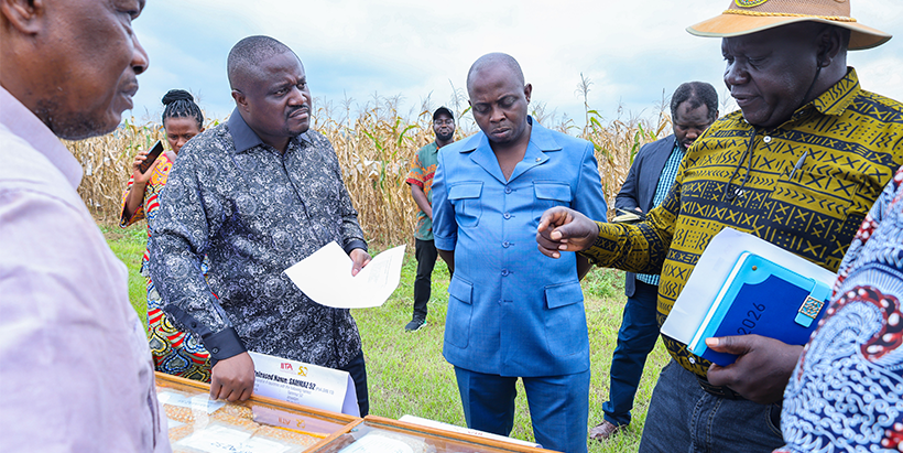 H.E. Muhindo Nzagi Butondo, Minister of Agriculture of the Democratic Republic of Congo and the Provincial Minsiters on the maize field with IITA Plant Breeding and Genetics Scientist, Dr Silvestro Meseka.