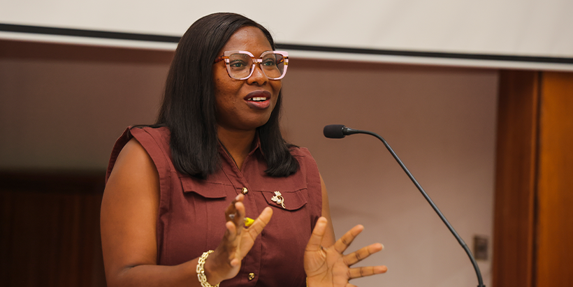 Protocol and External Liaison, (PEL), Manager, Tomi Akinola during her interaction with the students at the IITA headquarters in Ibadan.
