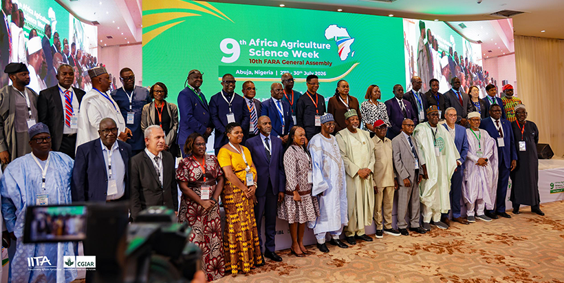 The Honorable Minister of Agriculture and Food Security, Senator Abubakar Kyari, the Honorable Minister of Livestock Development, Idi Mukhtar Maiha; FARA Board Chairperson Ms. Bongiwe Njobe, FARA Board members, and delegates from across Africa at the 9th Africa Agriculture Science Week (AASW9) and the 10th FARA General Assembly in Abuja, Nigeria. 