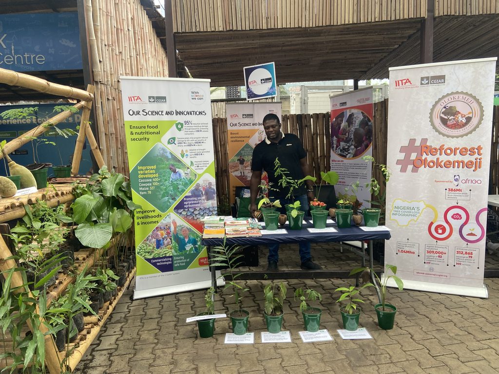 IITA's booth at the Open Day for Gardeners 2026, showcasing native tree species, IITA's impact, research, and innovations in food security and natural resource conservation, alongside educational publications available to visitors.