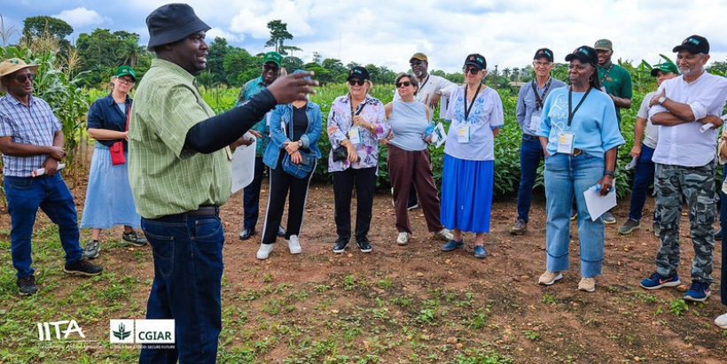Dean Muungani, IITA Product Manager presenting research trial results to the Board members during the tour.
