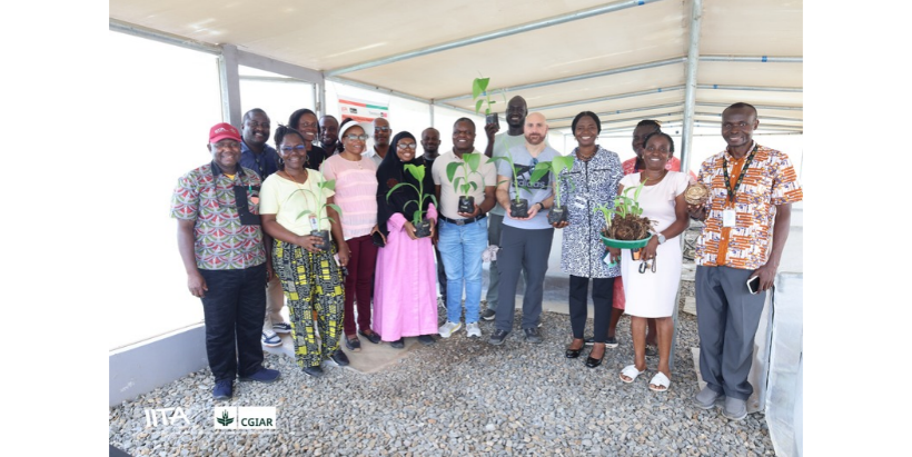 Makram Geha with IITA plantain and banana breeders after observing macropropagation seed multiplication technology in the screenhouse, a key innovation supporting the rapid multiplication and dissemination of clean planting materials.
