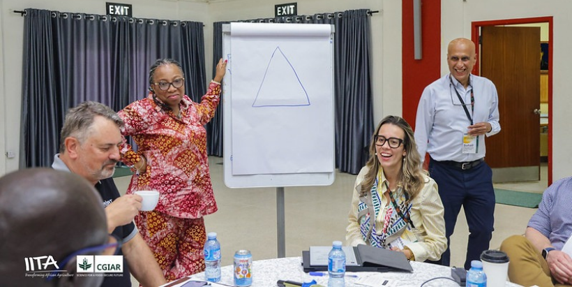 Participants during a group exercise using collaborative discussions and visual mapping to explore alternative futures for agricultural research.