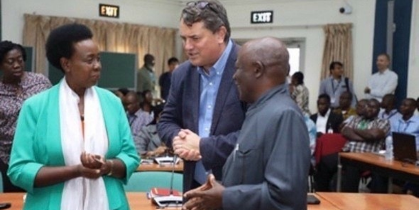 Dr Stanford Blade discussing with Dr Amos Namanga Ngongi, former Chair of the IITA Board and H.E. Rhoda Tumusiime, former IITA Board member. (Photo credit: Dr Stanford Blade).